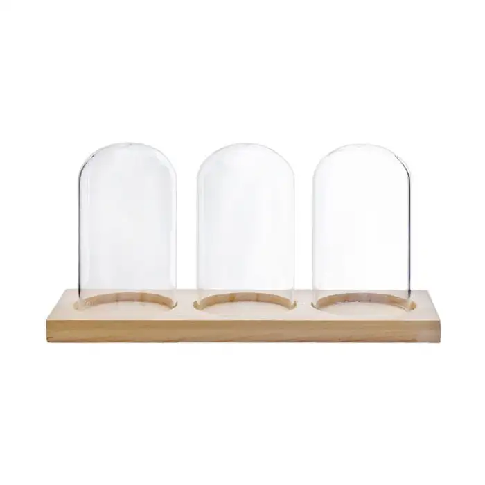 Cloche verre 3pcs sur base bois 31x10.5c