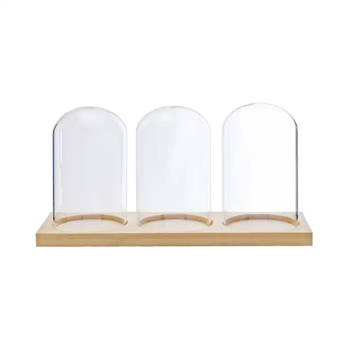 Cloche verre 3pcs sur base bois 34.5x12c